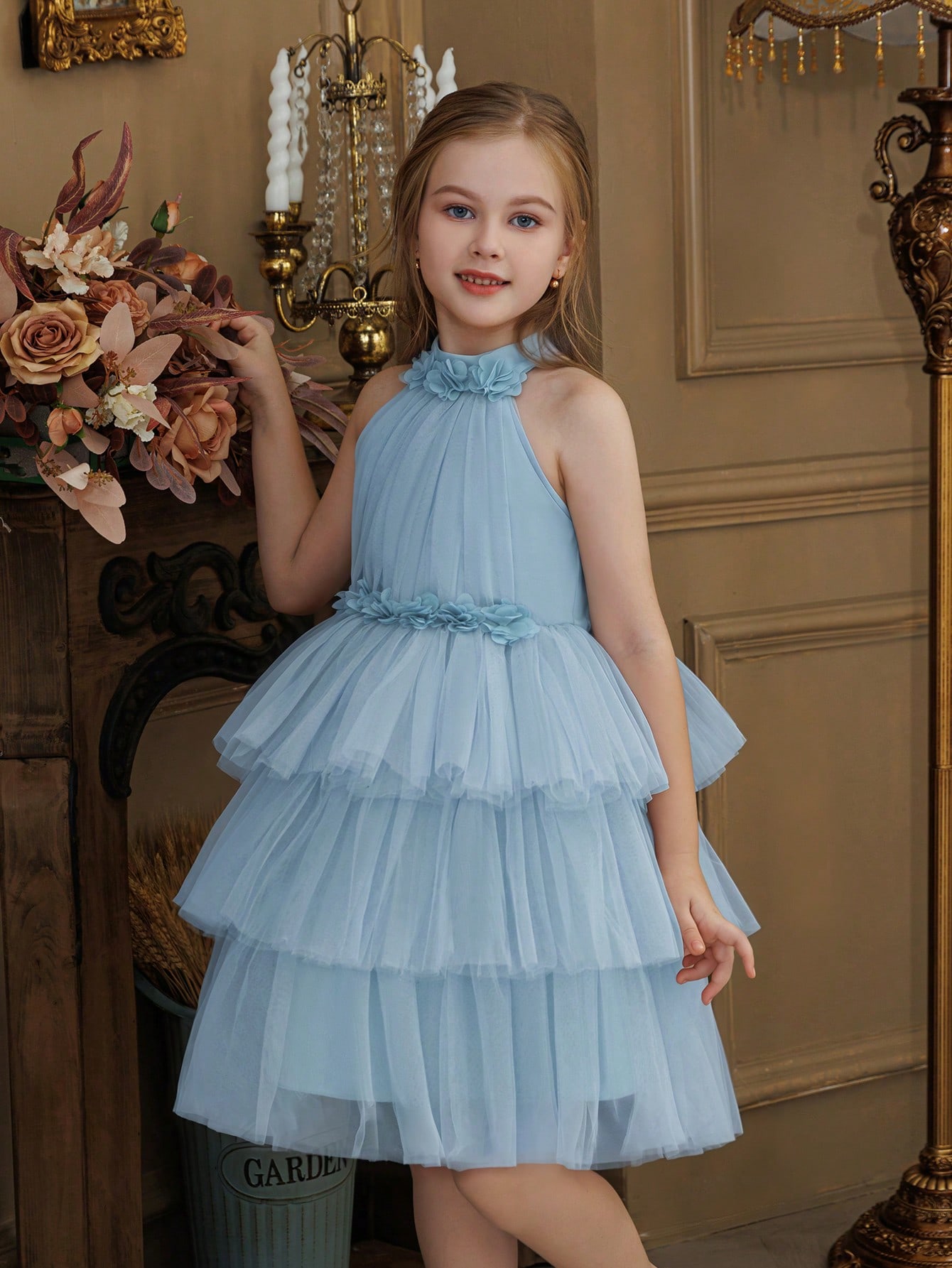 Blue Halter Neck Tiered A-Line Dress