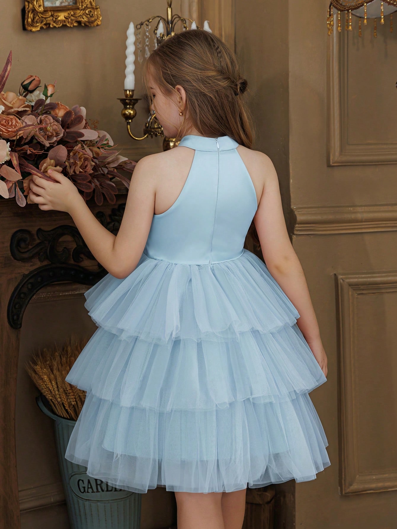 Blue Halter Neck Tiered A-Line Dress