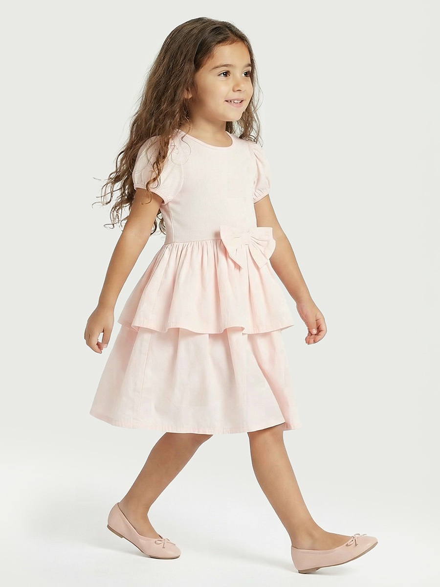 Round Neck Short Sleeves Knee Length Tiered Dress with Bow Accent