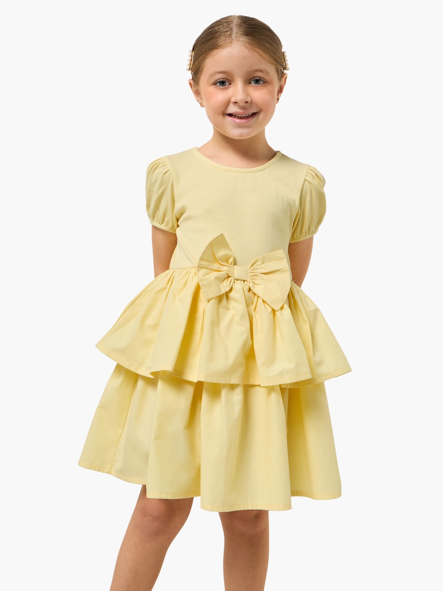 Round Neck Short Sleeves Knee Length Tiered Dress with Bow Detail