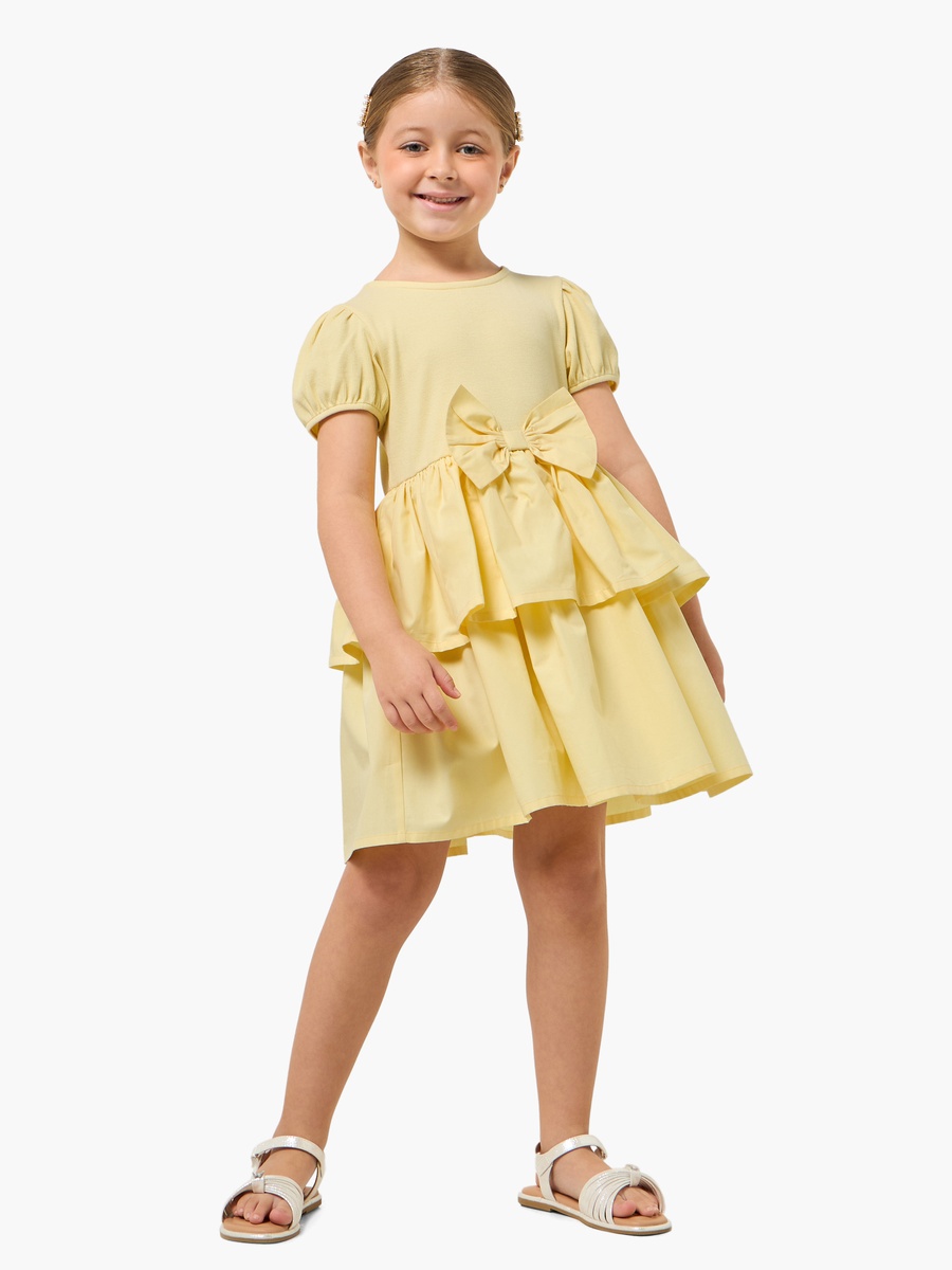 Round Neck Short Sleeves Knee Length Tiered Dress with Bow Detail