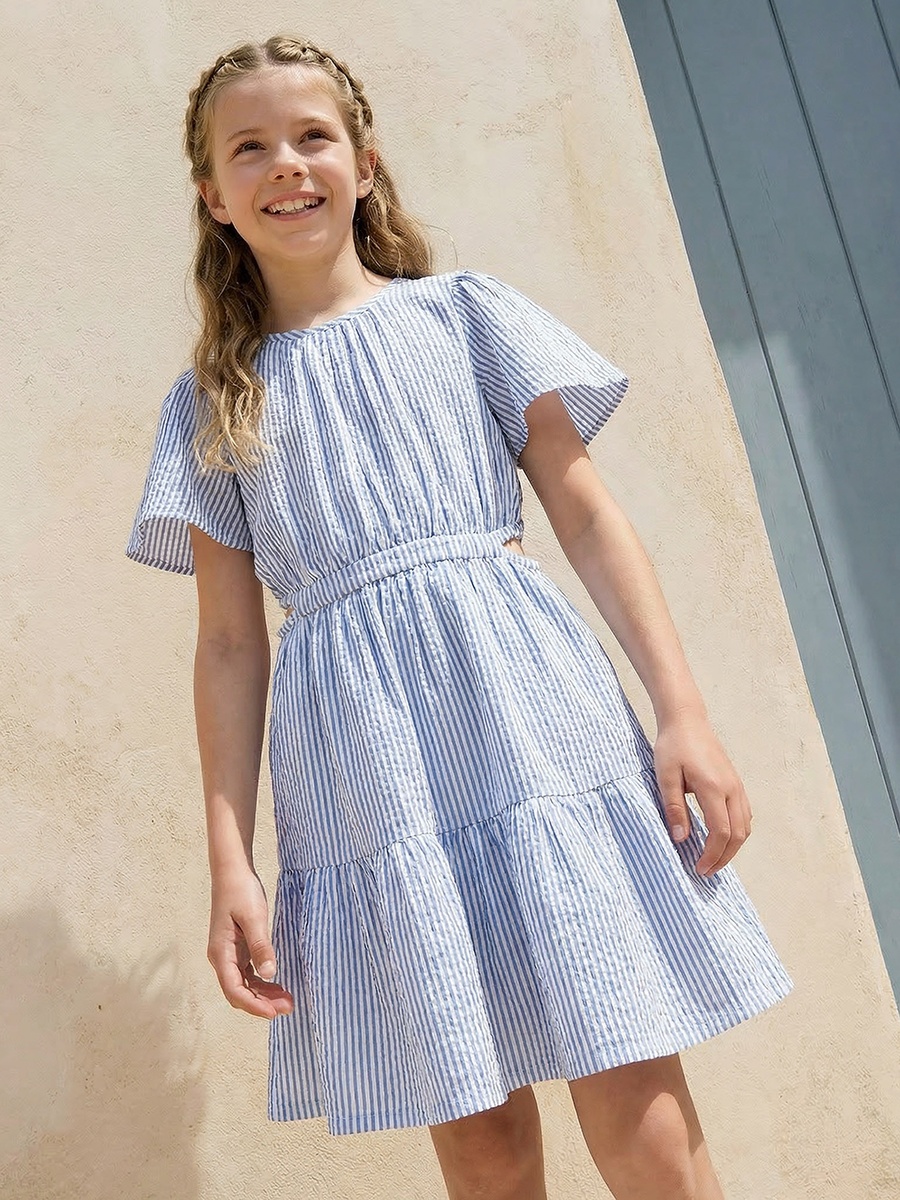 Round Neck Short Sleeves Knee Length Tiered Dress with Stripes