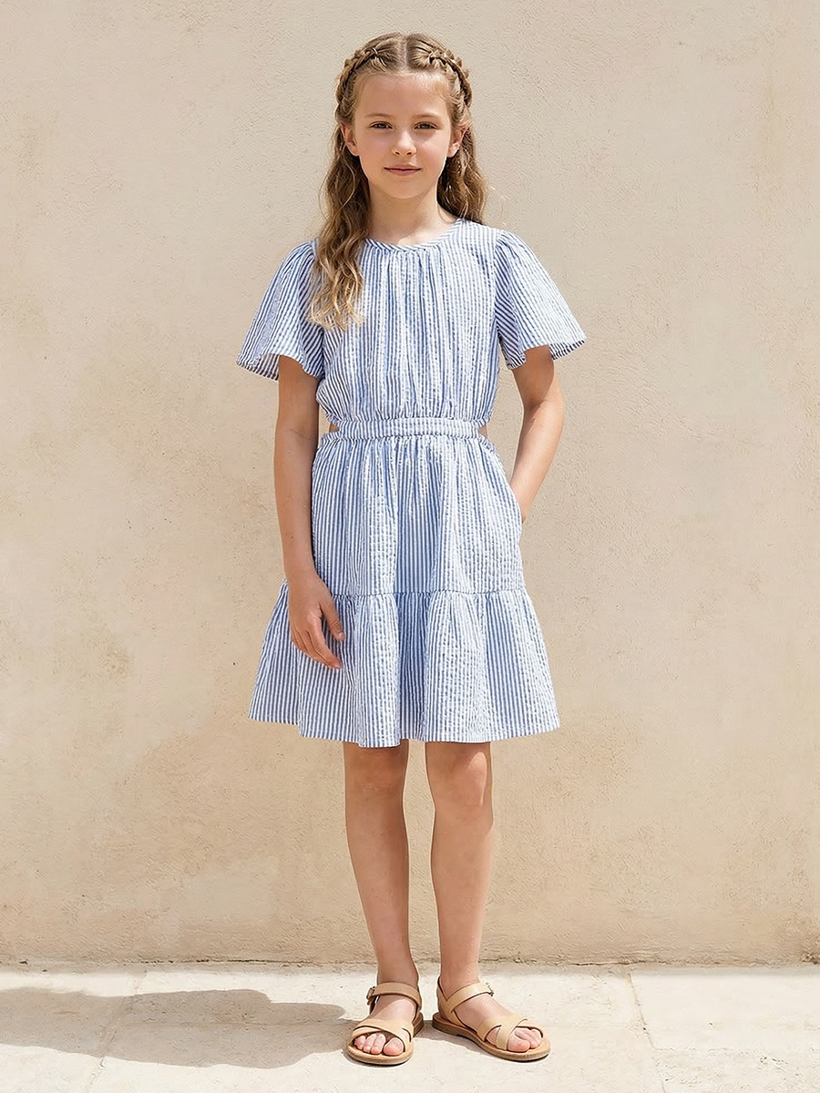 Round Neck Short Sleeves Knee Length Tiered Dress with Stripes
