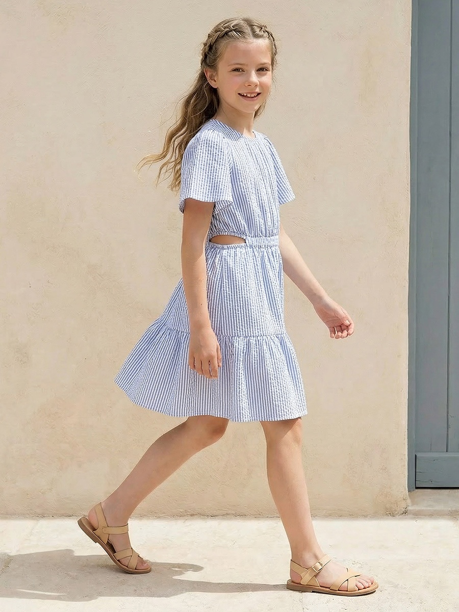Round Neck Short Sleeves Knee Length Tiered Dress with Stripes