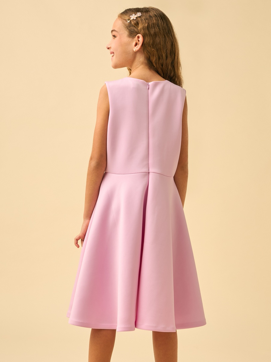 Round Neck Sleeveless Knee Length A-Line Dress with 3D Floral Applique