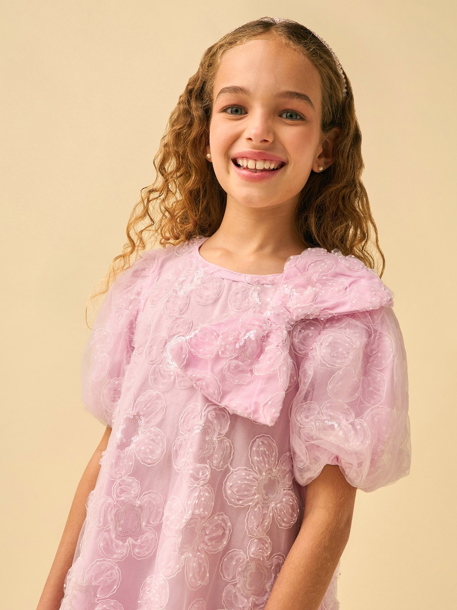 Round Neck Short Sleeves Knee Length A-Line Dress with Embroidery and Sequin Embellishments