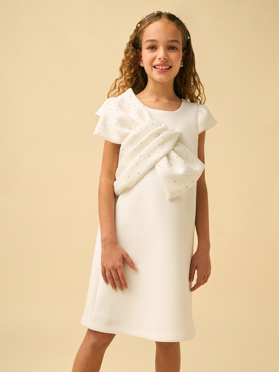 Round Neck Short Sleeves Knee Length Dress with Embellished Bow