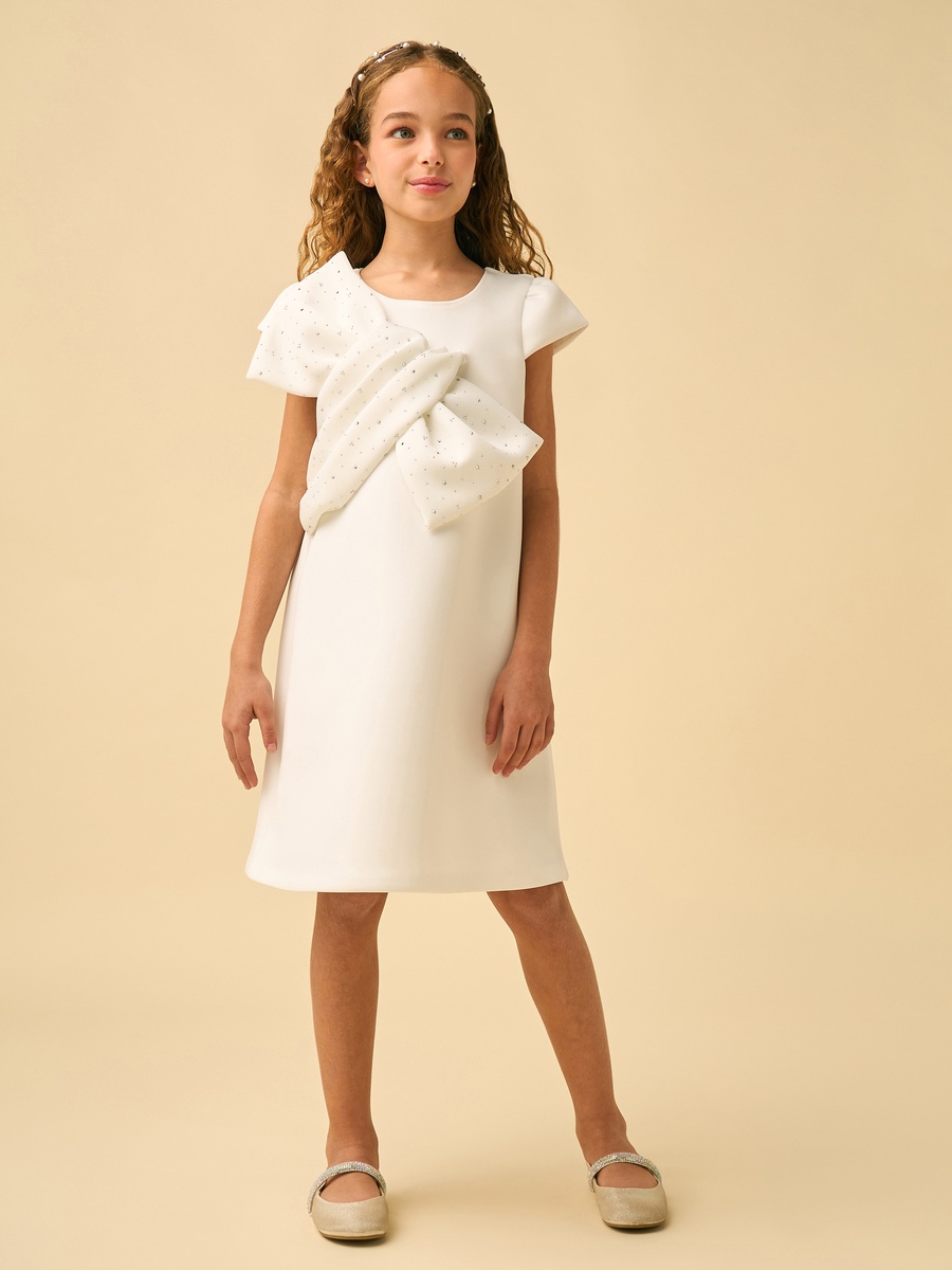 Round Neck Short Sleeves Knee Length Dress with Embellished Bow