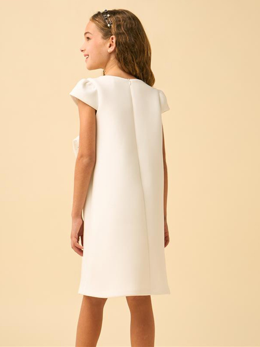 Round Neck Short Sleeves Knee Length Dress with Embellished Bow