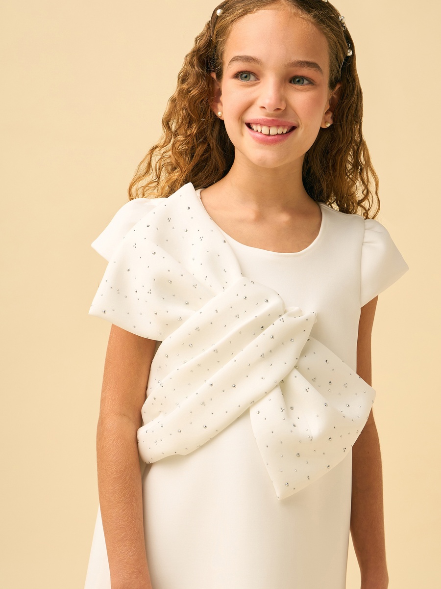 Round Neck Short Sleeves Knee Length Dress with Embellished Bow