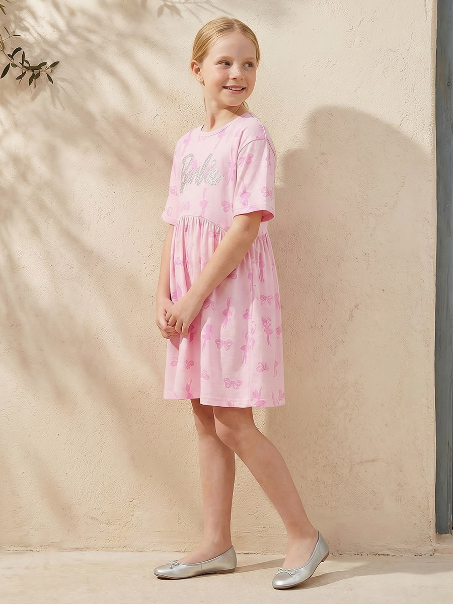 Round Neck Short Sleeves Knee Length Dress with Barbie Print