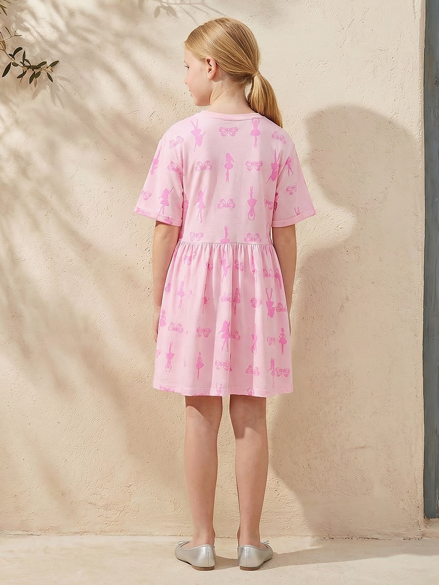 Round Neck Short Sleeves Knee Length Dress with Barbie Print