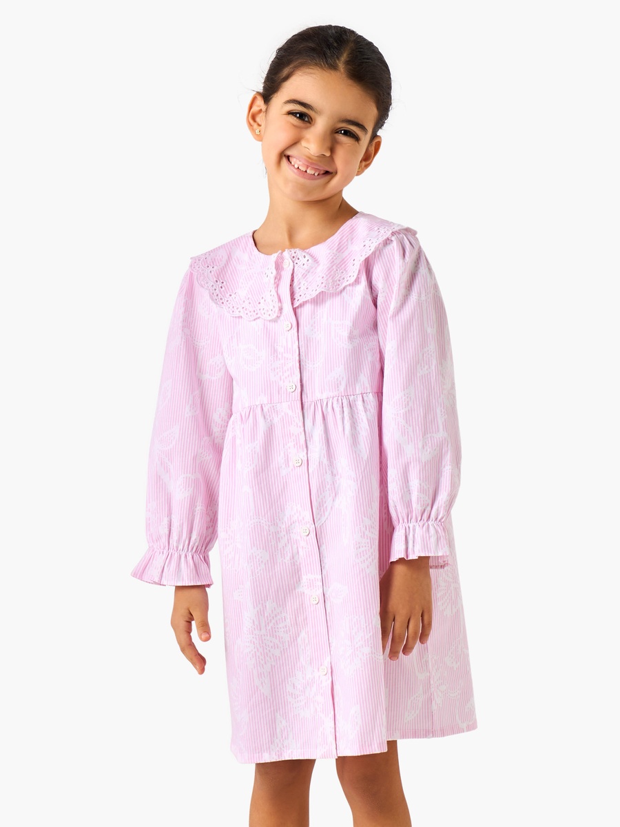 Cotton Peter Pan Collar Long Sleeves Night Dress with Schiffli Embroidery
