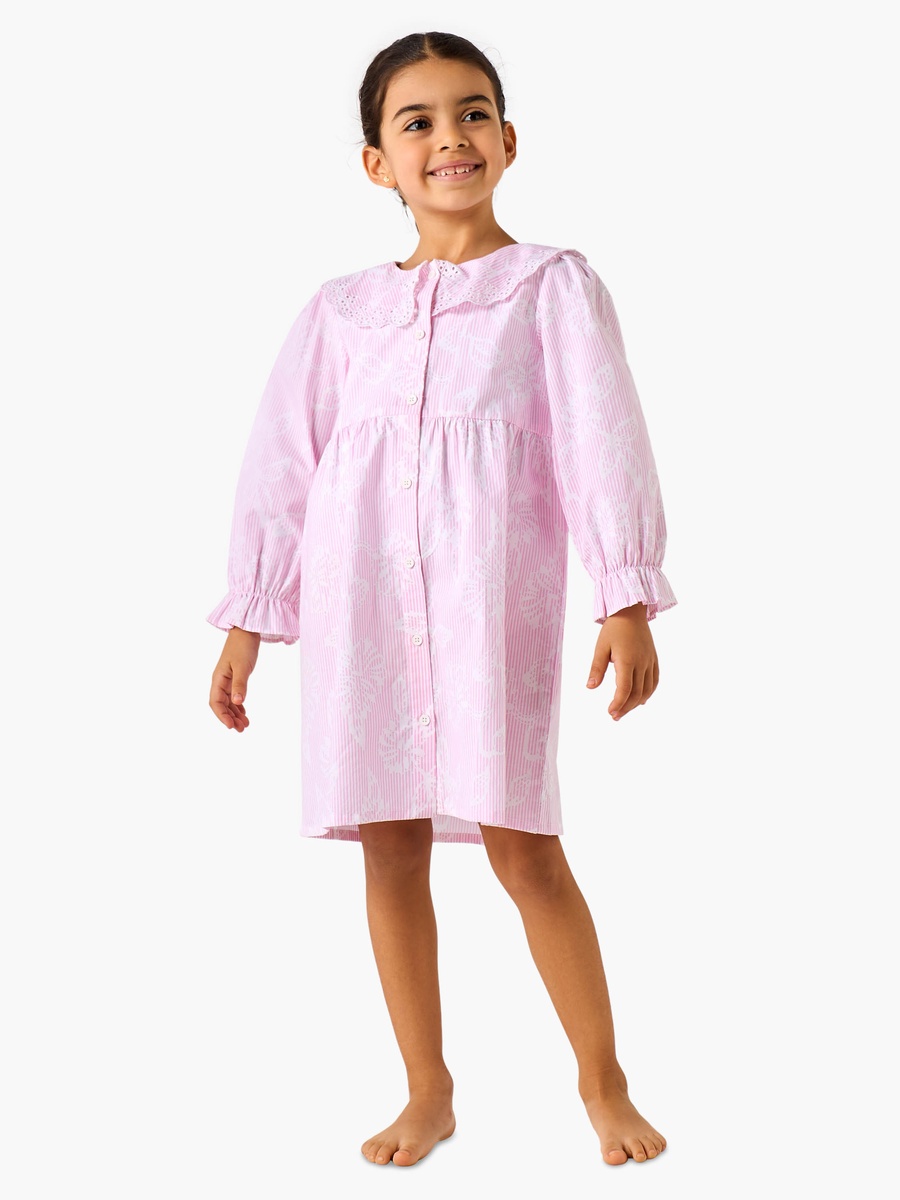 Cotton Peter Pan Collar Long Sleeves Night Dress with Schiffli Embroidery