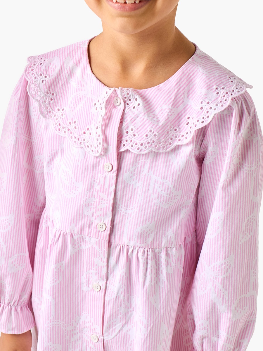 Cotton Peter Pan Collar Long Sleeves Night Dress with Schiffli Embroidery