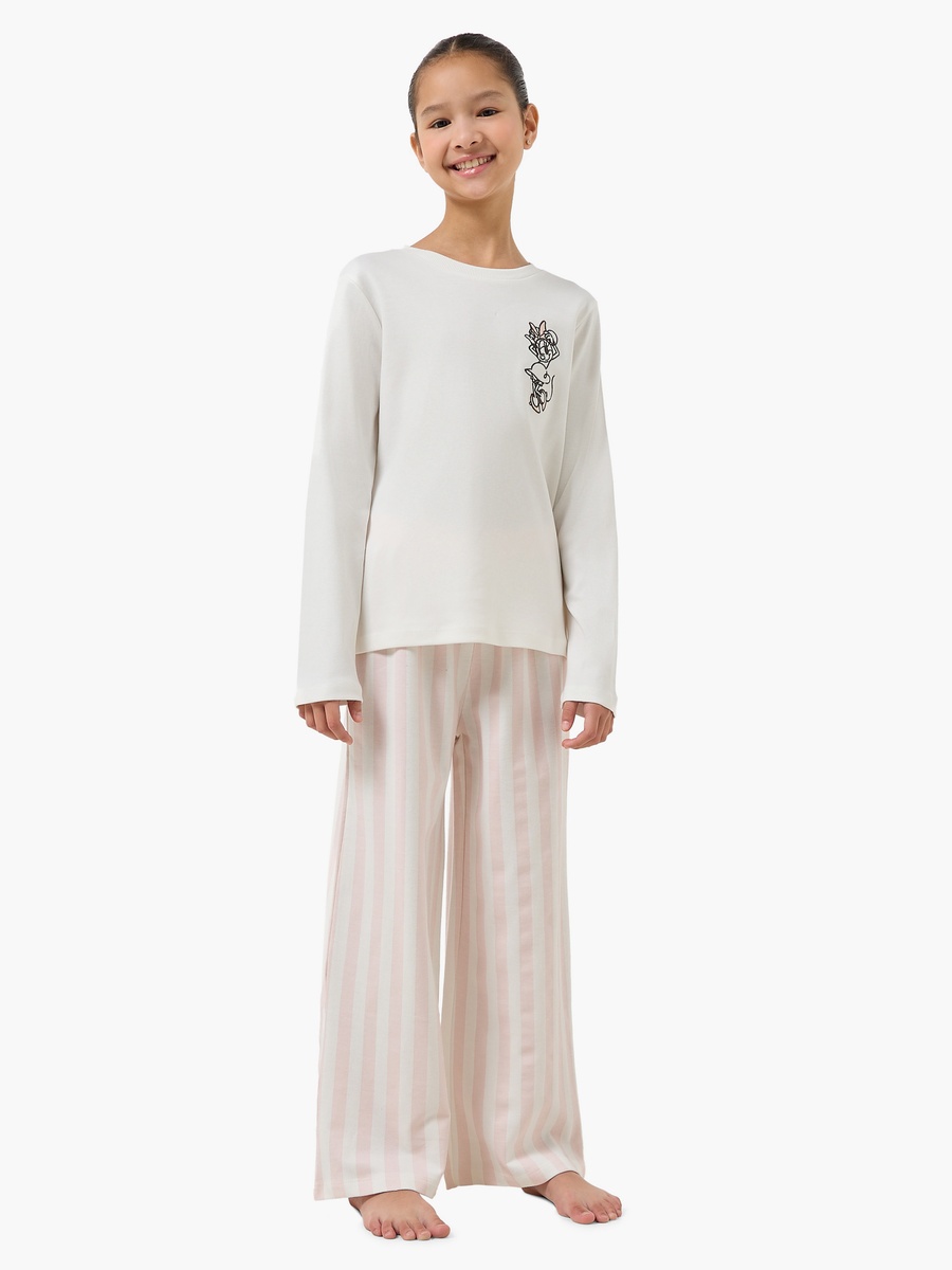 Cotton Crew Neck Long Sleeve Pyjama Set with Minnie Mouse Embroidery