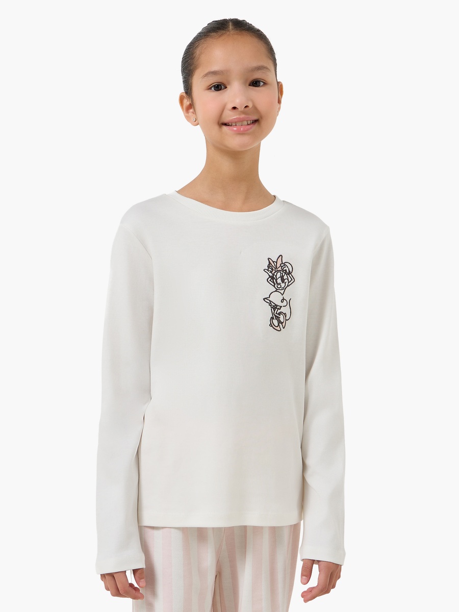 Cotton Crew Neck Long Sleeve Pyjama Set with Minnie Mouse Embroidery