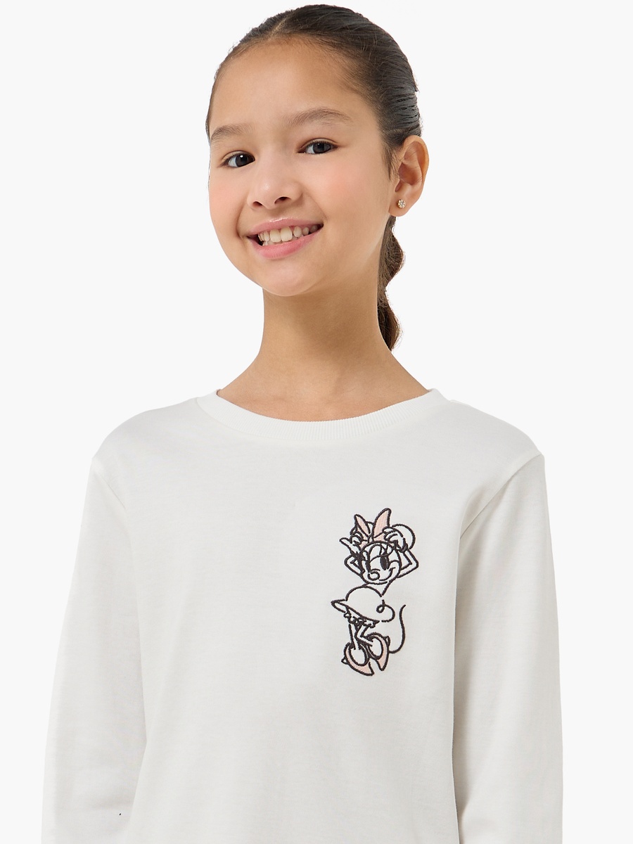 Cotton Crew Neck Long Sleeve Pyjama Set with Minnie Mouse Embroidery