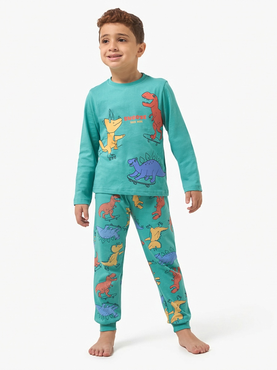 Cotton Crew Neck Long Sleeves Pyjama Set with Wild Animal Print