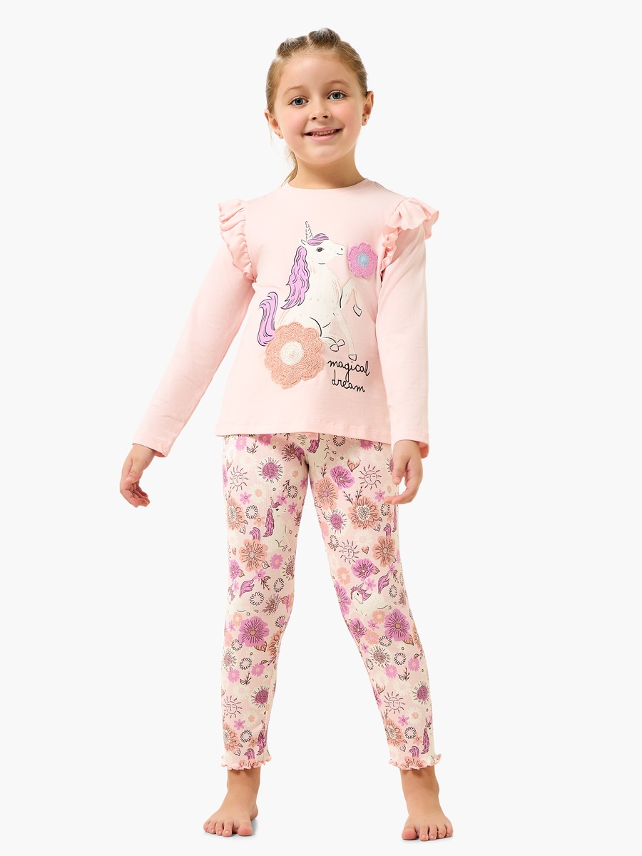 Cotton Crew Neck Long Sleeves Pyjama Set with Unicorn Print