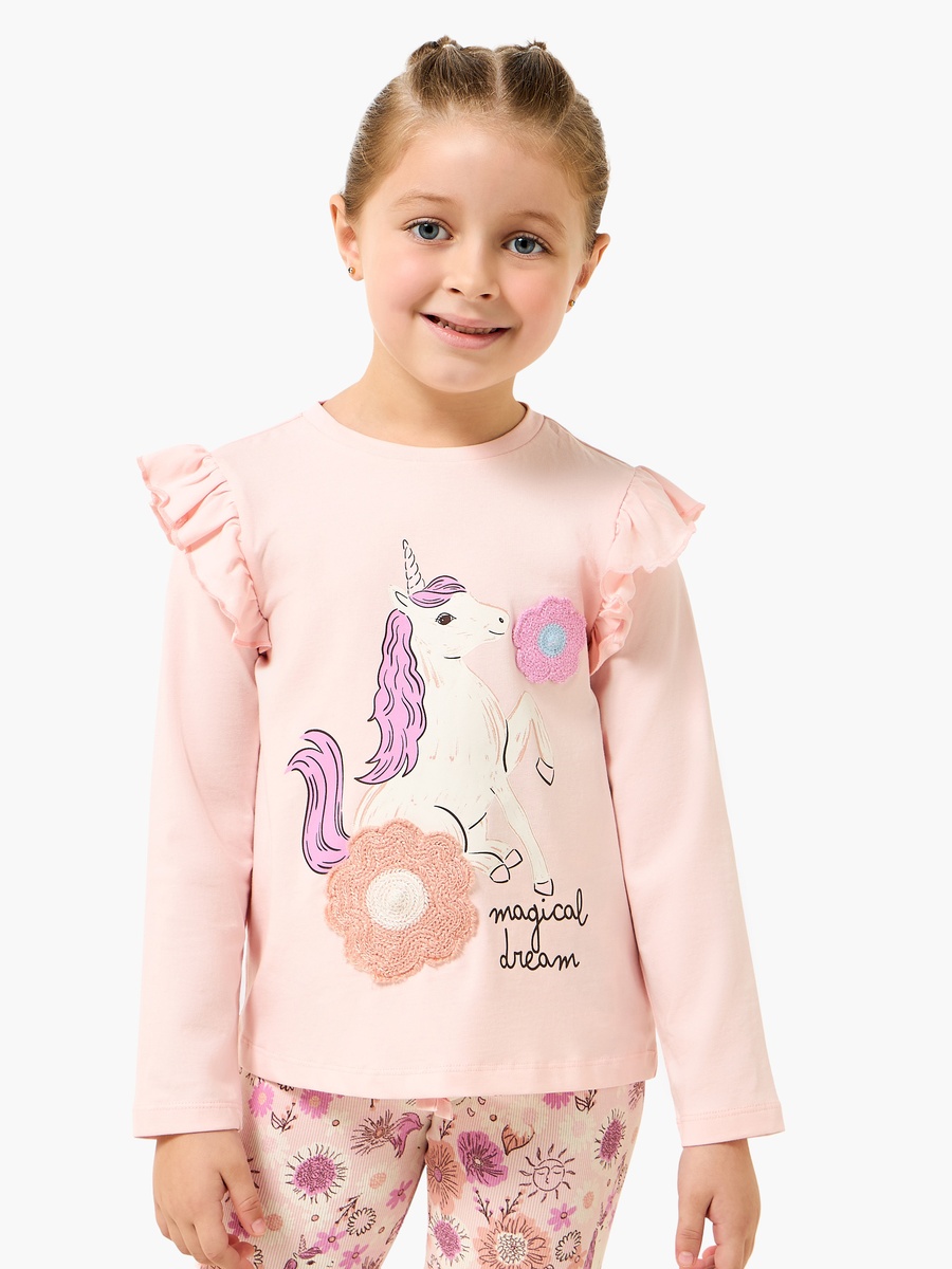Cotton Crew Neck Long Sleeves Pyjama Set with Unicorn Print
