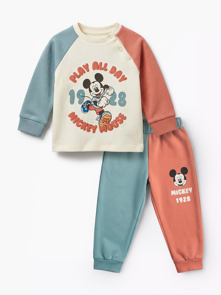 Cotton Crew Neck Long Sleeves Pyjama Set with Mickey Mouse Print