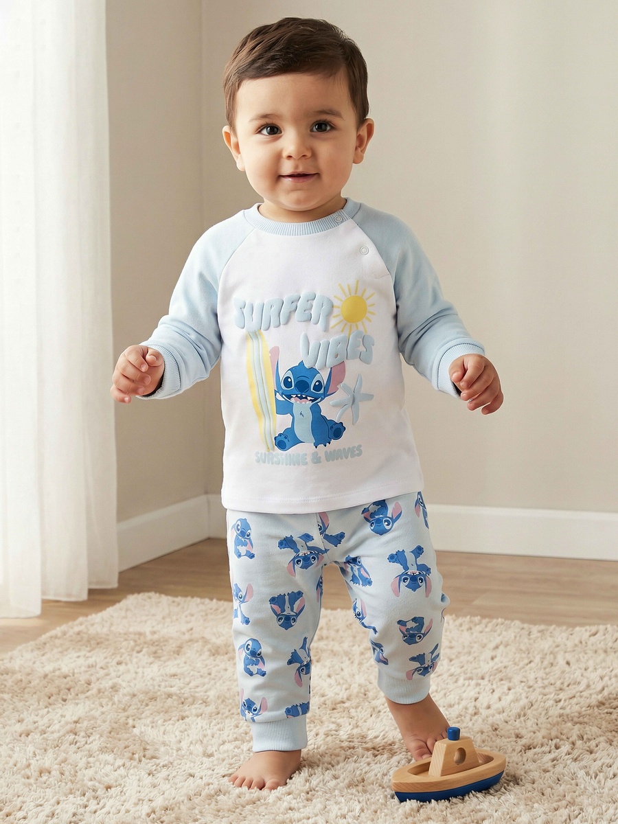 Cotton Round Neck Long Sleeves Pyjama Set with Stitch Print