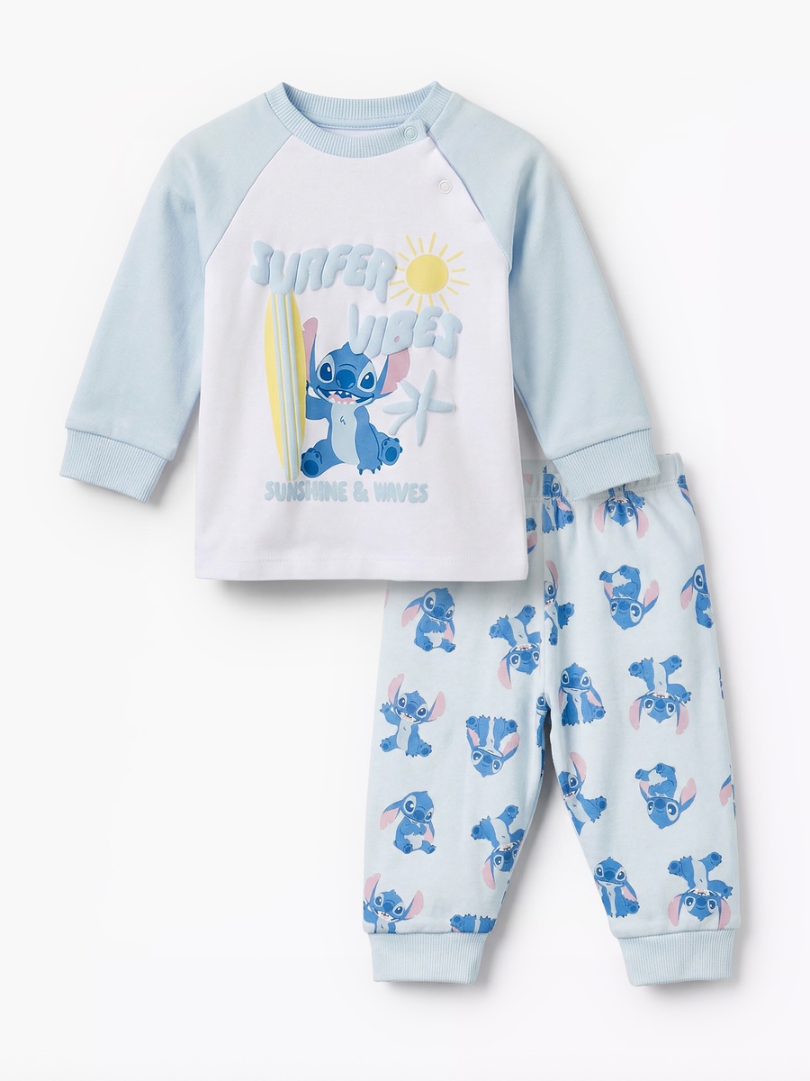 Cotton Round Neck Long Sleeves Pyjama Set with Stitch Print