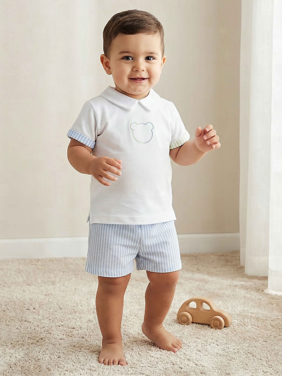 Collared Short Sleeves Polo T-Shirt and Shorts Set with Stripes