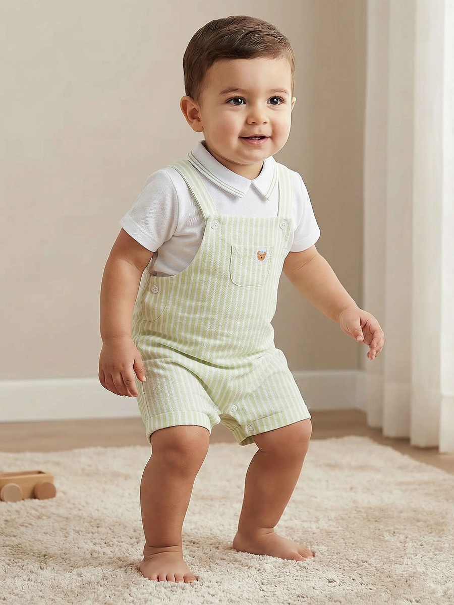 Peter Pan Collar Short Sleeves Polo T-Shirt and Dungaree Set with Stripes