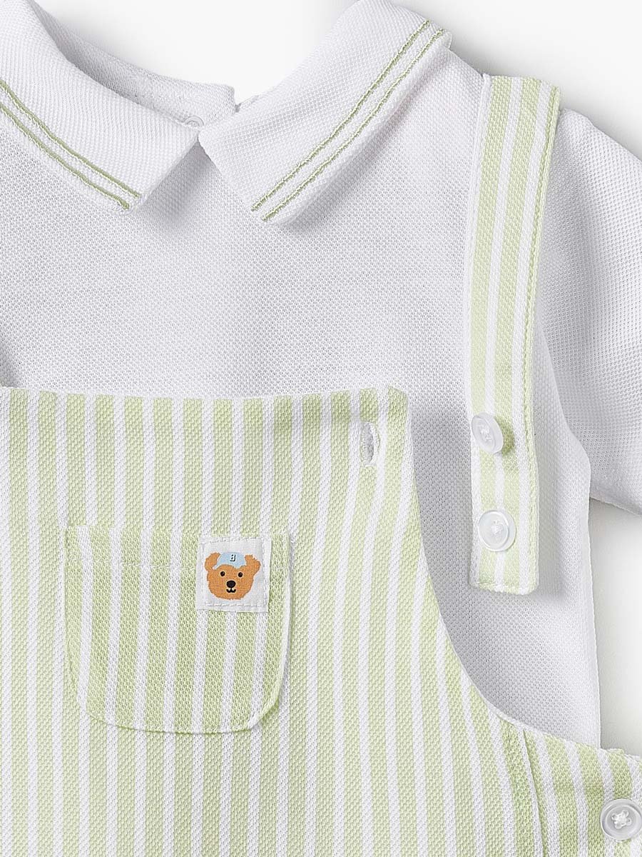 Peter Pan Collar Short Sleeves Polo T-Shirt and Dungaree Set with Stripes