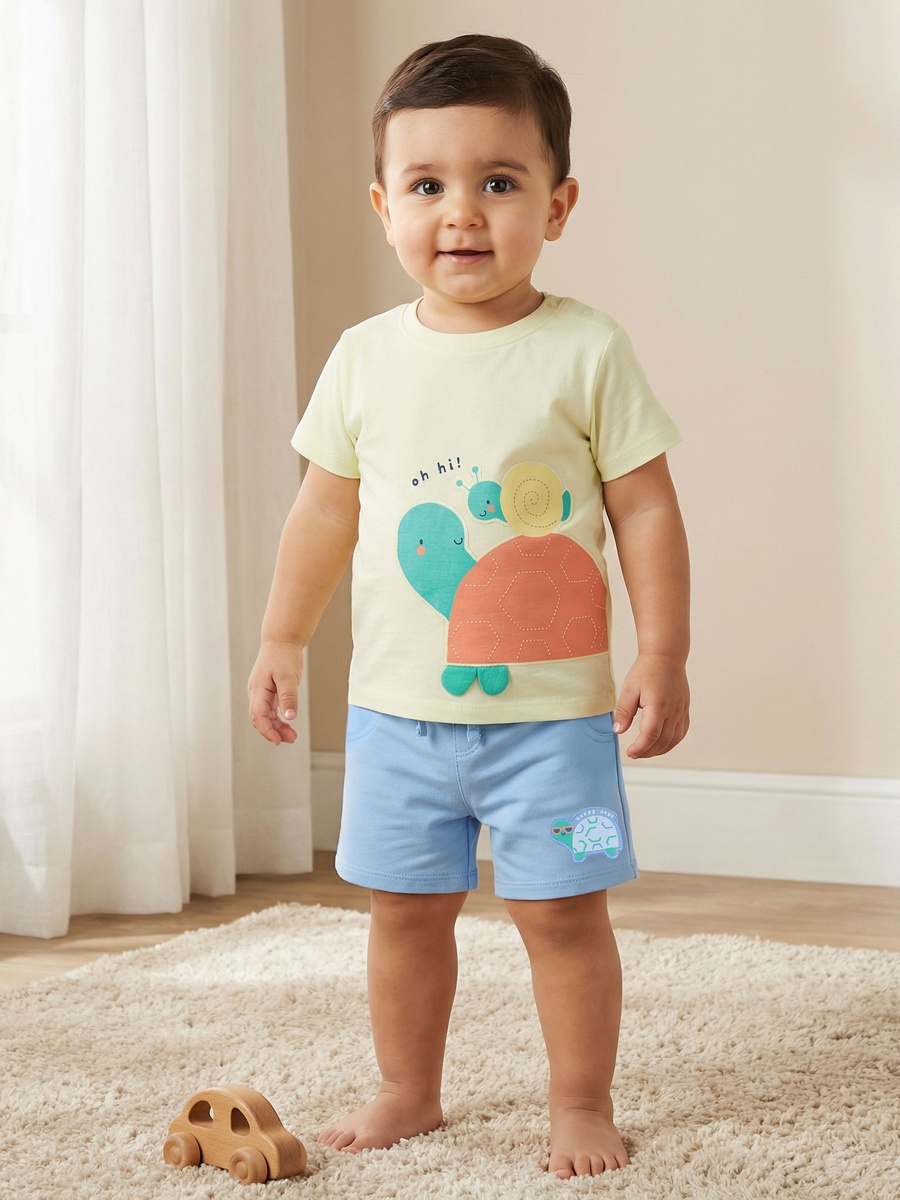 Set of 3 Crew Neck Short Sleeves T-Shirt and Shorts Set with Applique Detail