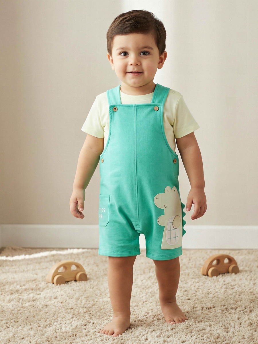 Round Neck Short Sleeve T-Shirt and Dungaree Set with Alligator Applique