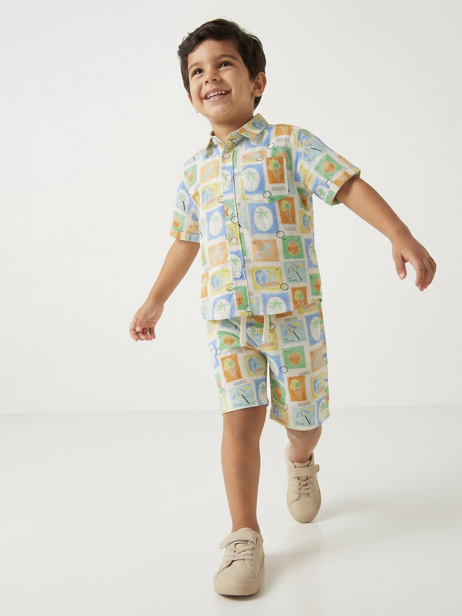 Collared Short Sleeves Shirt and Shorts Set with Tile Print