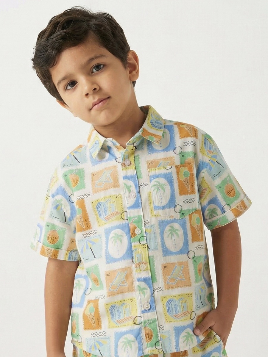 Collared Short Sleeves Shirt and Shorts Set with Tile Print