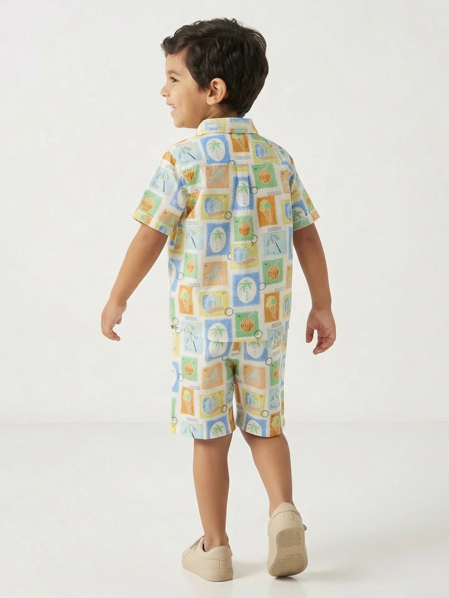 Collared Short Sleeves Shirt and Shorts Set with Tile Print