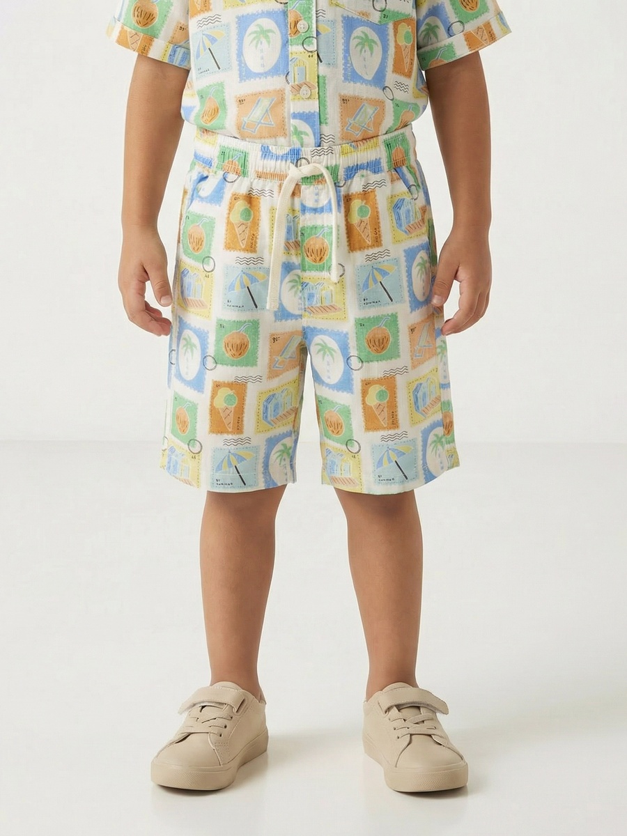 Collared Short Sleeves Shirt and Shorts Set with Tile Print