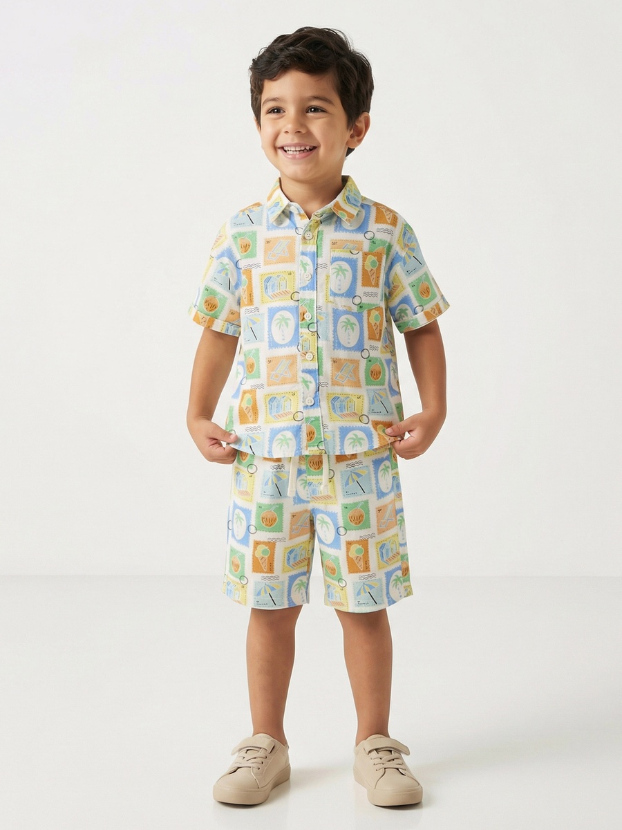 Collared Short Sleeves Shirt and Shorts Set with Tile Print