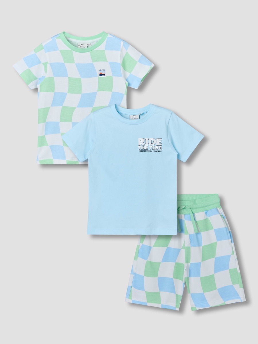 Set of 3 Crew Neck Short Sleeve T-Shirt and Shorts Set with Assorted Print