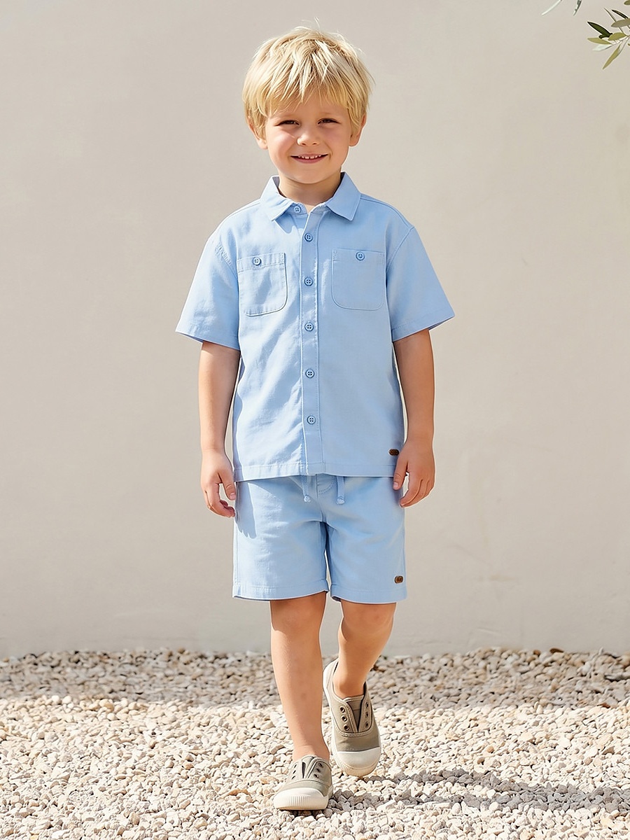 Collared Short Sleeves Shirt and Shorts Set with Pockets