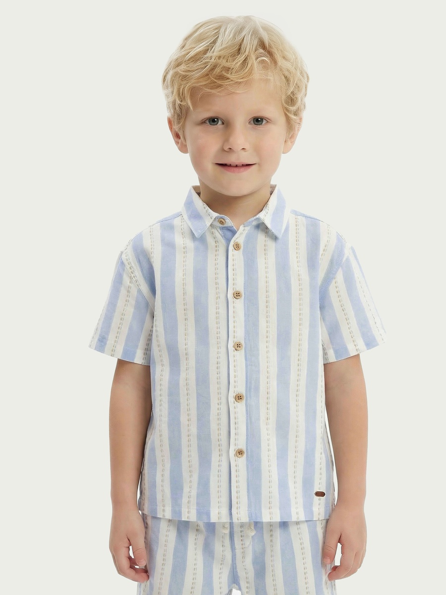 Collared Short Sleeves Shirt and Shorts Set with Stripes