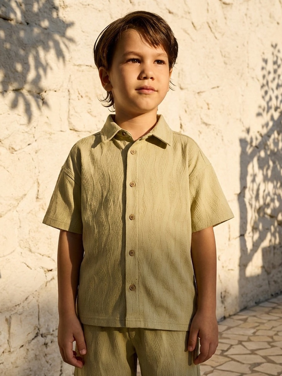 Collared Short Sleeves Shirt and Shorts Set with Textured Design