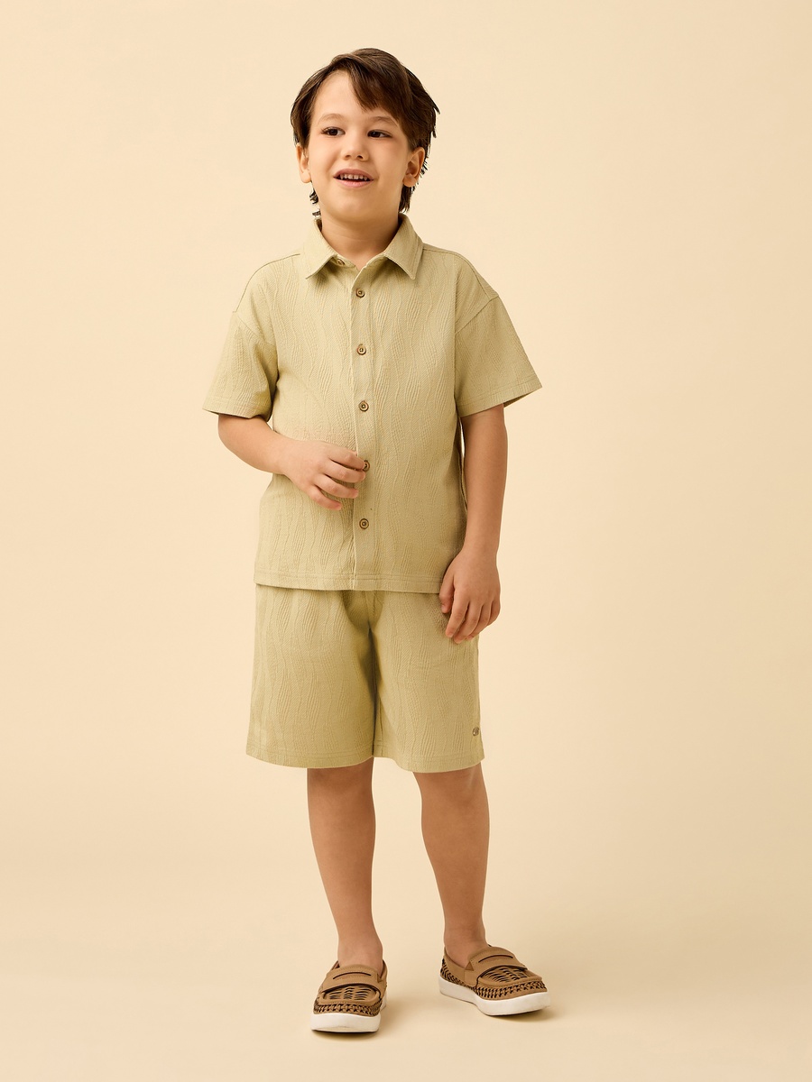Collared Short Sleeves Shirt and Shorts Set with Textured Design