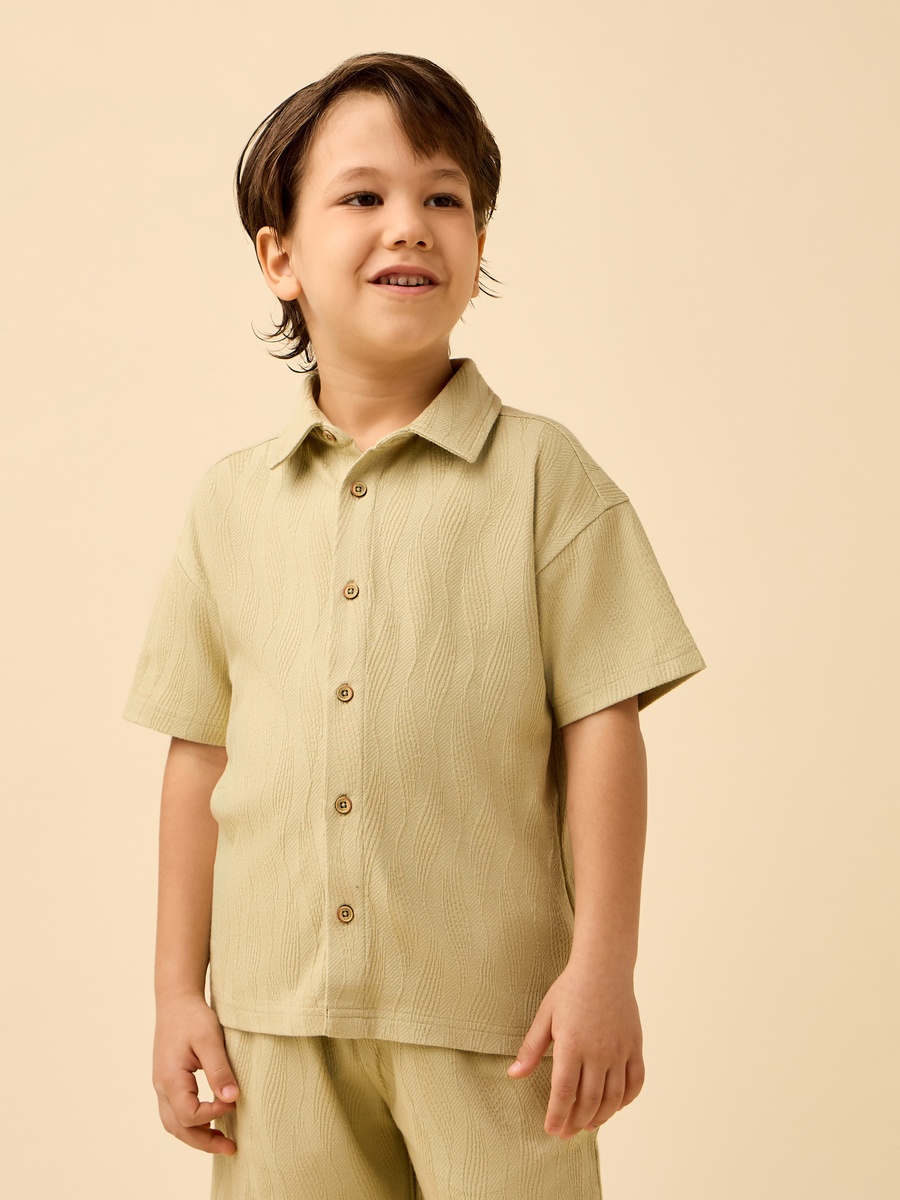 Collared Short Sleeves Shirt and Shorts Set with Textured Design