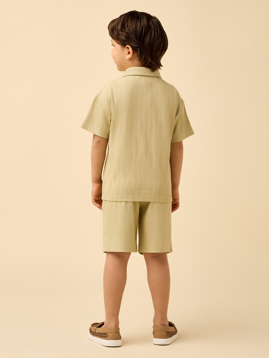 Collared Short Sleeves Shirt and Shorts Set with Textured Design