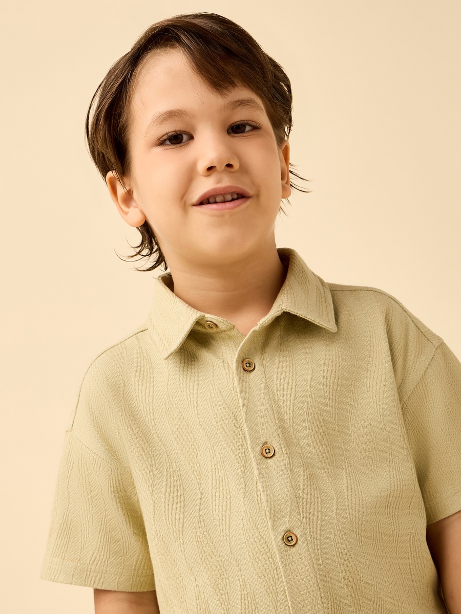 Collared Short Sleeves Shirt and Shorts Set with Textured Design