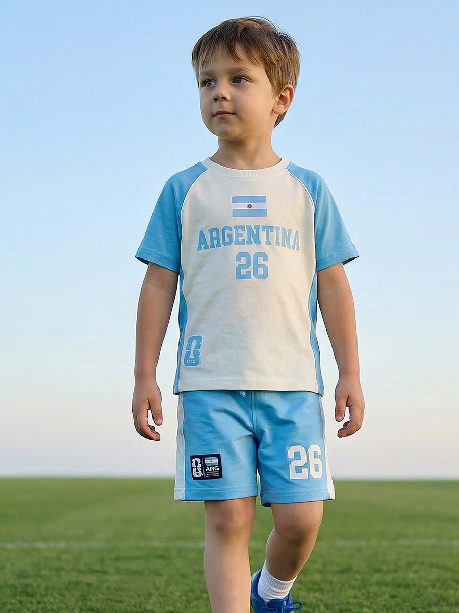 Crew Neck Short Sleeves T-Shirt and Shorts Set with Argentina Print