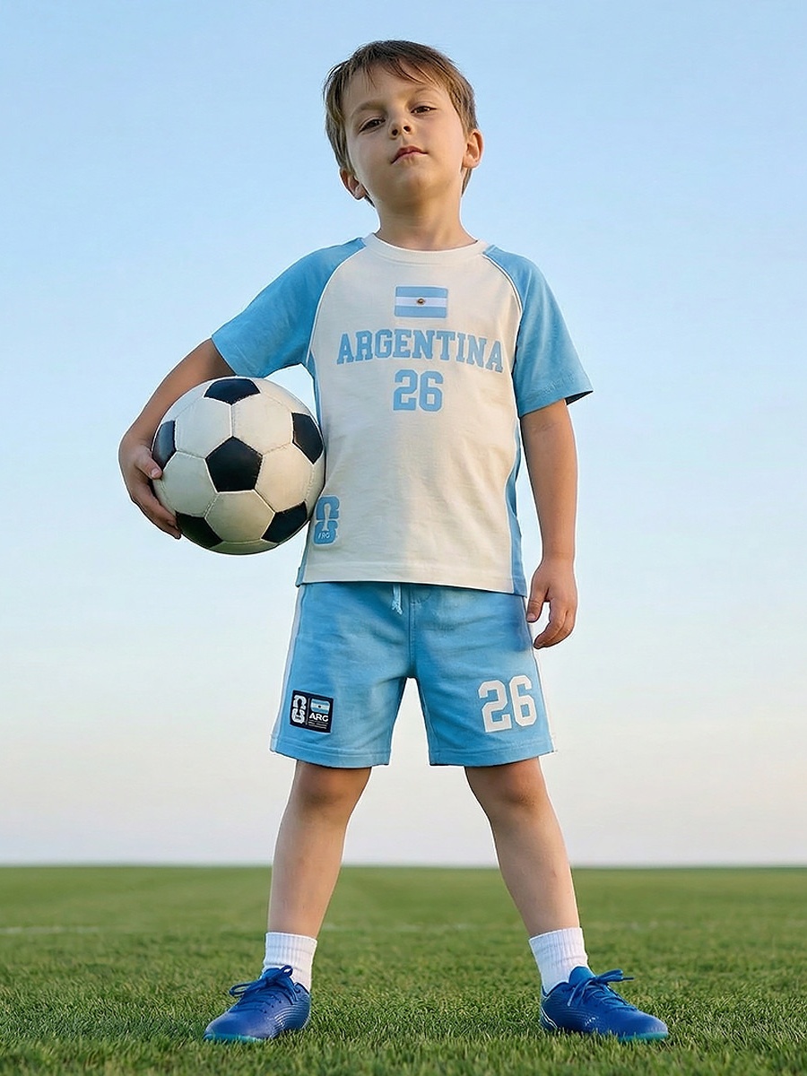 Crew Neck Short Sleeves T-Shirt and Shorts Set with Argentina Print