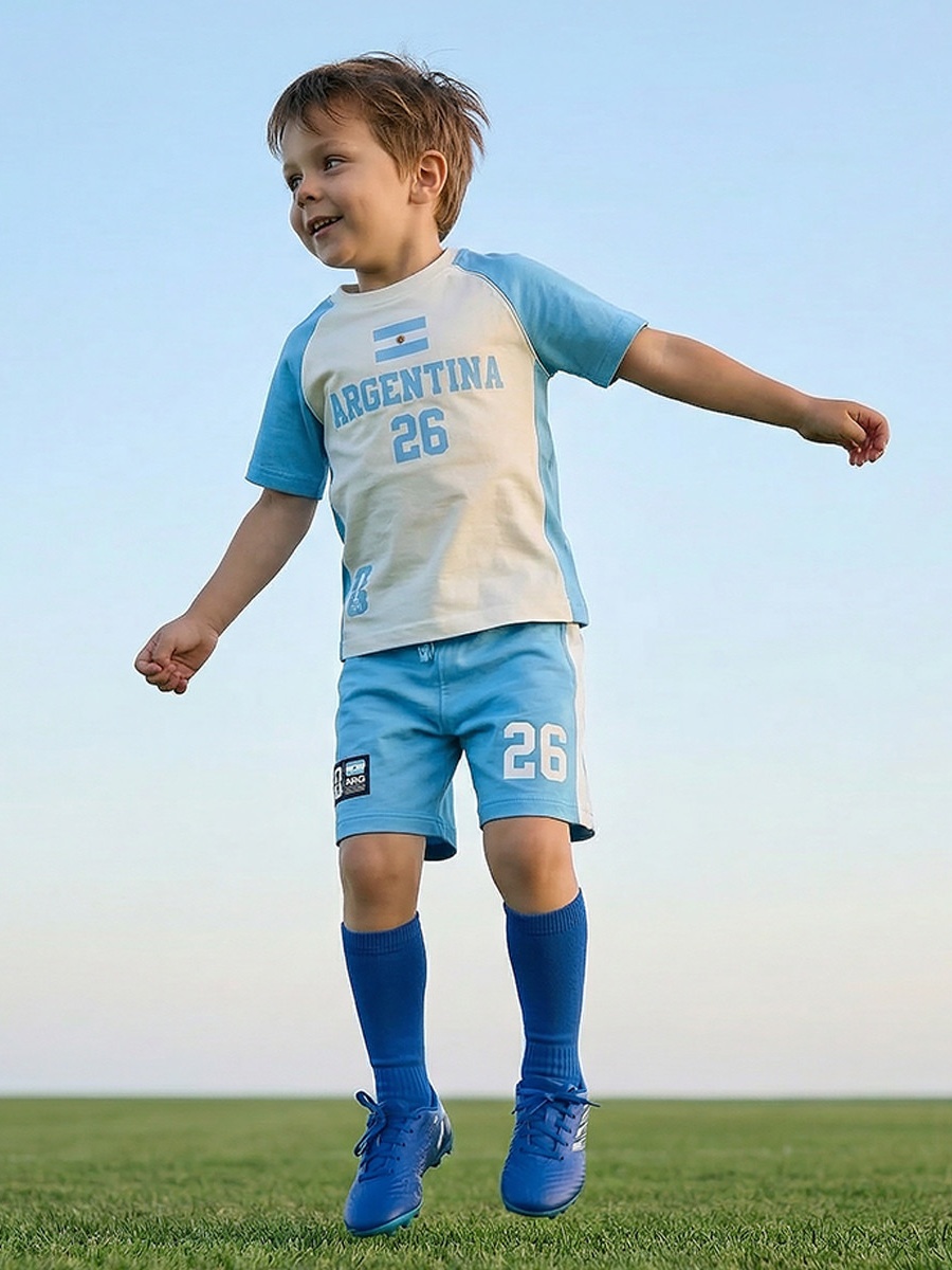 Crew Neck Short Sleeves T-Shirt and Shorts Set with Argentina Print