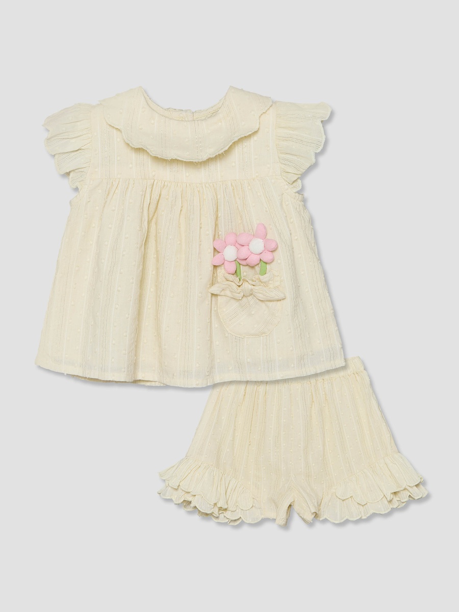 Round Neck Short Sleeves Top and Shorts Set with Floral Appique